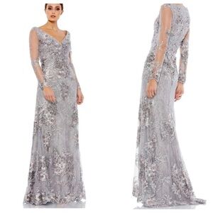 Mac Duggal V Neck Illusion Long Sleeve Embellished Evening Gown Plus Size 18